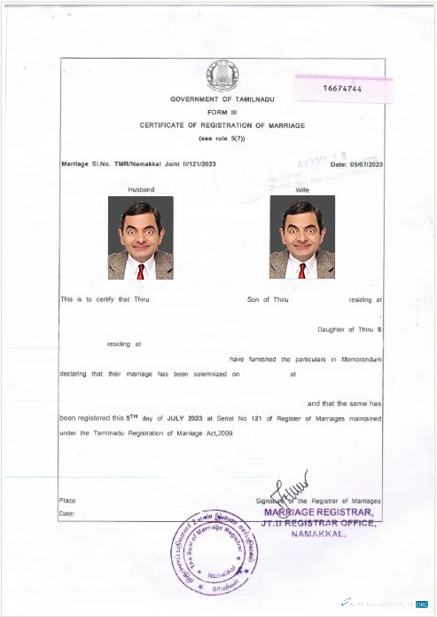 Download India Government of Tamilnadu certificate of marriage Photoshop template